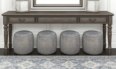 A wooden table with four stools is displayed in a room