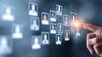 A hand interacts with a digital interface showcasing user profiles.