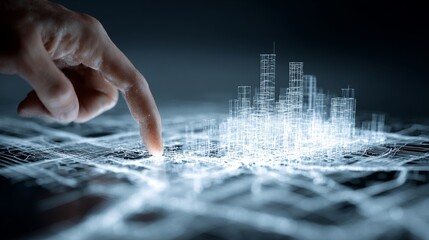 A hand interacts with a digital map, highlighting data visualization and urban planning.