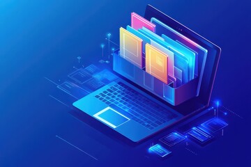 Digital laptop illustration showcasing a colorful file drawer with data storage elements in a futuristic design setup