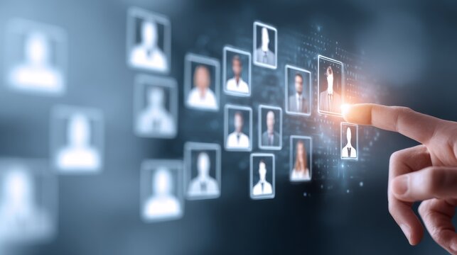 A hand interacts with a digital interface showcasing user profiles. - Powered by Adobe