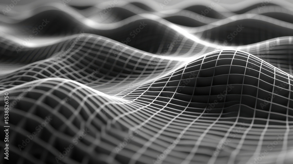Poster digital fluid movement creates mesmerizing visual of waves and grids, showcasing intricate patterns 