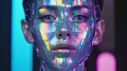 Close-up of a crystal textured human face, frontal angle, vertical prismatic streaks refracting rainbow spectrum, loop futuristic abstract sound feel, cinematic depth of field, live wallpaper - Powered by Adobe