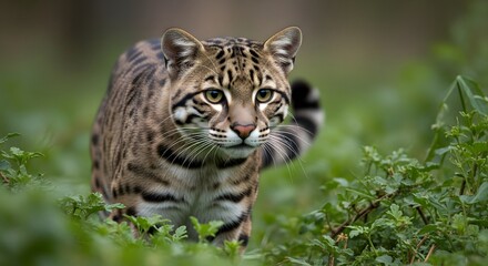 Obraz premium Close-up of an Ocelot in Greenery, Focused on Its Face