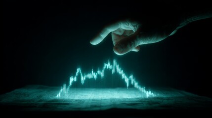 A hand interacts with a glowing digital graph in a dark environment.