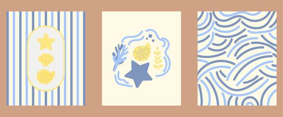 set of vector Abstract summer posters. seashells and wave sea design. Trendy summer design or pattern.