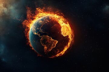 Earth is engulfed in flames, ablaze with fire, showing destruction across continents like North America and South America amidst a dark, starry cosmos