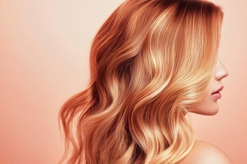 Naklejka premium Wavy ombre hair cascading elegantly against a soft peach background, highlighting the beauty and texture of the hairstyle in a serene setting