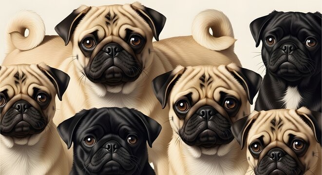 Close-up Group Portrait of Adorable Pugs in Detailed Digital Art