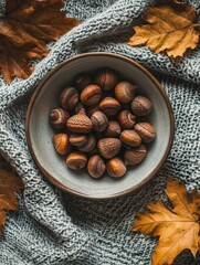 ultra quality picture of flat lay of acorns in bowl