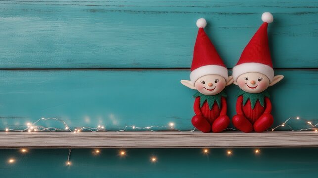 Two cheerful Christmas elf dolls in red hats sit on a shelf with fairy lights against a turquoise wooden background.