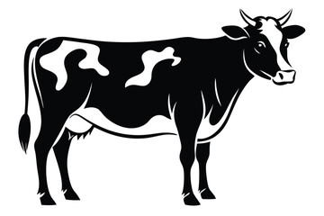 Black and white spotted cow stands facing the viewer in an illustrative style