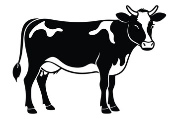 Standing black and white cow illustration is rendered in a simplistic style