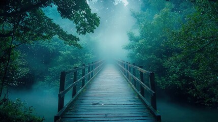 Misty, wooden bridge path through lush forest.