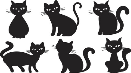 Six black cats with tails are in various poses on a white backdrop © Bablu