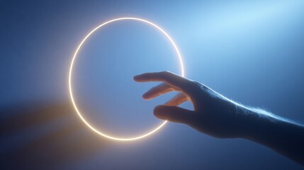 A hand reaches toward a glowing circular light in a misty environment.