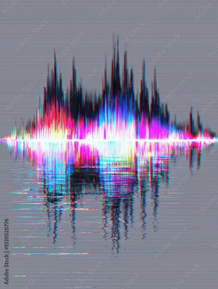 Poster Distorted Voice Waveform Displayed With Glitch Effects on a Simple Background for Visual Representation of Sound Dynamics