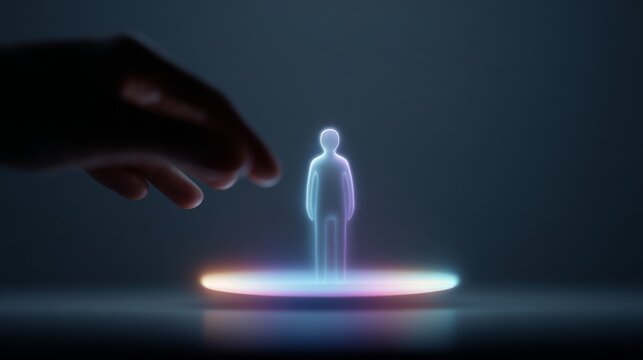A hand reaching for a glowing holographic figure on a circular base.