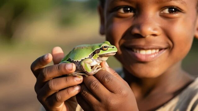  Niño zulú sosteniendo una rana en sus manos