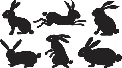 Six adorable rabbits present varied poses in a stark black silhouette on white