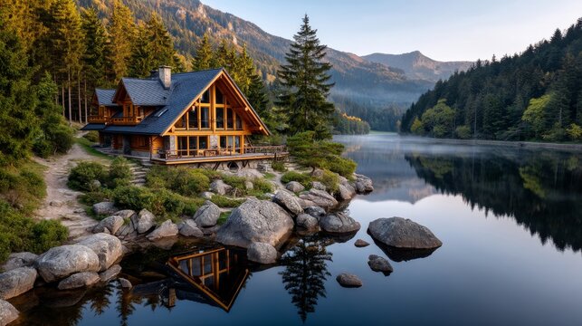 Beautiful wooden cabin by a serene forest lake with mountains in the background - Powered by Adobe