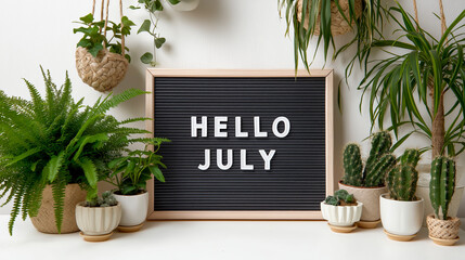 Decorative letter board with 'Hello July' text surrounded by houseplants on white wall, ideal for seasonal decoration, lifestyle blogs, and summer home inspiration
