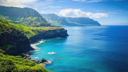 Scenic Coastal Landscape with Lush Green Mountains and Clear Blue Ocean Under Bright Sky
