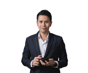 Professional man in formal attire holding smartphone, standing confidently with a focused expression against a white background for business concepts