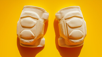 Pair of white volleyball knee pads placed symmetrically on yellow background with hard shadows, great for fitness equipment catalogs and sportswear promotions