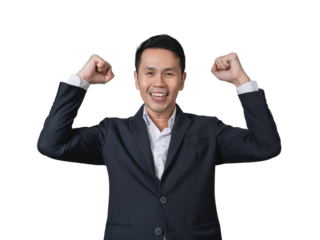 Confident business man celebrating success with raised arms and a joyful smile in a formal suit on a white background, embodying achievement and positivity