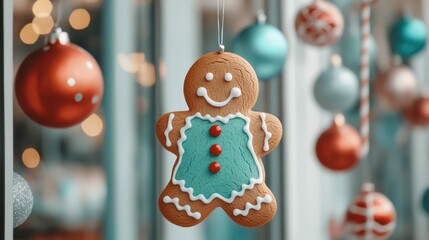 Obraz premium A festive gingerbread cookie ornament hangs among colorful Christmas baubles in a holiday-themed setting.