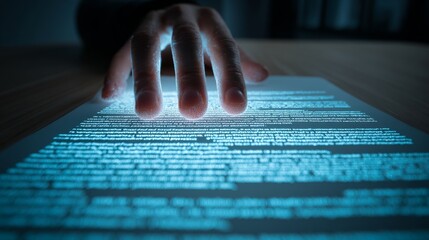 A hand reaching towards a glowing digital interface with text on a table.
