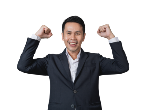 Confident business man celebrating success with raised arms and a joyful smile in a formal suit on a white background, embodying achievement and positivity