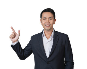 Confident Asian businessman in formal attire pointing upwards with a smile against a transparent background showcasing professionalism and positivity