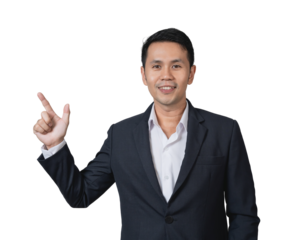 Confident Asian businessman in formal attire pointing upwards with a smile against a transparent background showcasing professionalism and positivity