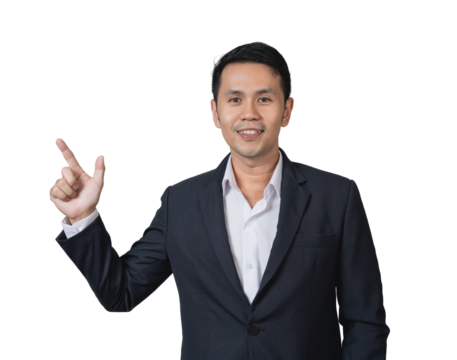 Confident Asian businessman in formal attire pointing upwards with a smile against a transparent background showcasing professionalism and positivity