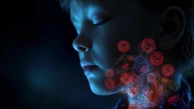 Medical visualization showing bacteria infecting the throat of a child, highlighting the concept of strep throat and its impact on children's health
