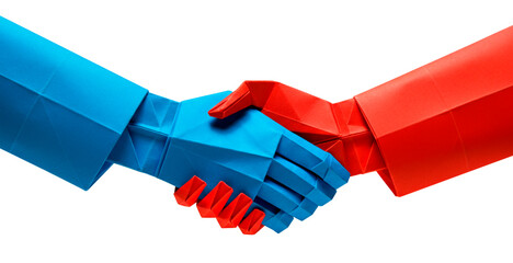 3D paper origami handshake between red and blue polygonal hands, symbolizing cooperation, unity, and teamwork on a transparent background.

