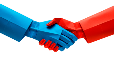 3D paper origami handshake between red and blue polygonal hands, symbolizing cooperation, unity, and teamwork on a transparent background.