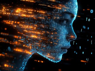 Abstract Digital Human Head with Binary Code and Light Effects for Tech and AI Projects