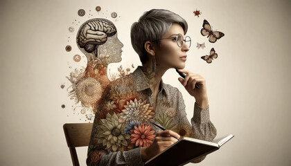 A surreal double exposure portrait of a thoughtful woman writing in a notebook, surrounded by floral patterns, butterflies, and a brain illustration, symbolizing creativity, psychology, and growth.