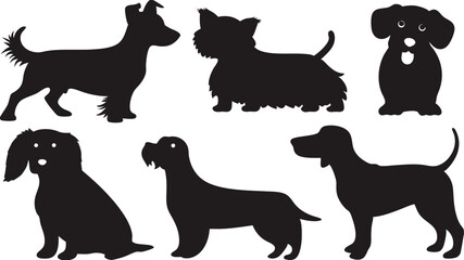 Six various black dog silhouettes stand and sit showing distinct breeds and poses are seen