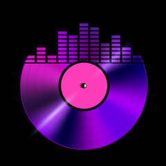 Vinyl lp in neon retro style with sound equalizer. Isolated on black background. Vector illustration.