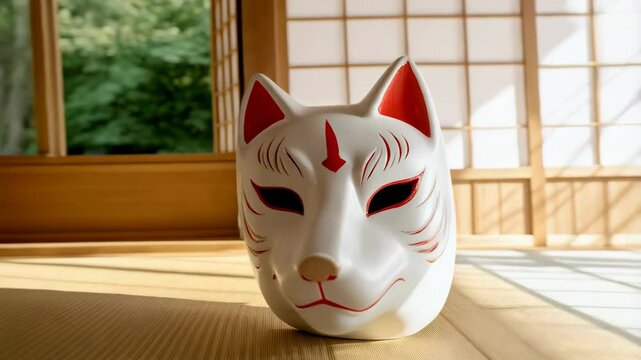Artistic ceramic fox mask displayed on a woven mat in a sunlit traditional Japanese interior. Depicts Japanese culture and craftsmanship.