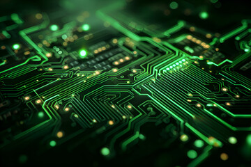 Futuristic circuit board pulsating with green energy, a technological marvel