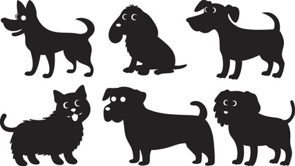 Six diverse playful dog and cat silhouette icons on a plain white background