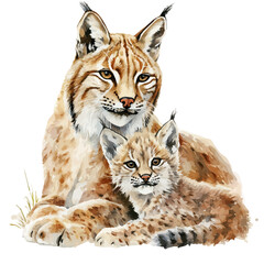 A Mother Lynx With Her Kid, watercolor illustration vector, isolated on a white background.