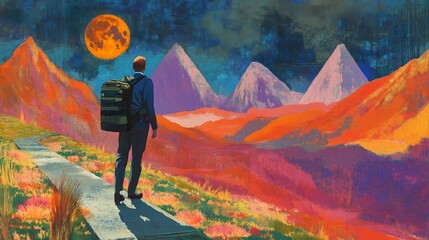 Vibrant adventure: man exploring surreal landscape under fiery moon