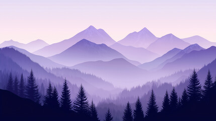 Fototapeta premium Purple Mountains Banner Featuring Soft Mist-Covered Peaks With Tree Silhouettes at the Base and Gradient Background From Light Purple to Pale Blue, Perfect for Calm Nature and Landscape Art