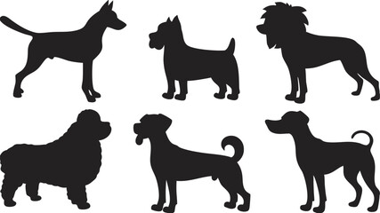 Six different dog breeds are displayed as black silhouette animal graphics